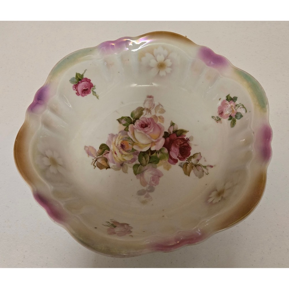 Vintage Bavaria Floral Porcelain Bowl Scalloped Edge Roses Germany 9"